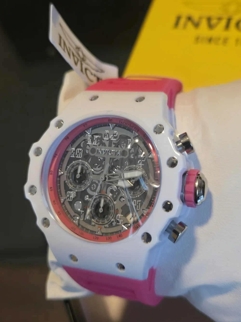 69620 Invicta Racing Apexium Unisex Watch White & Pink Watch 41mm Skeleton Dial